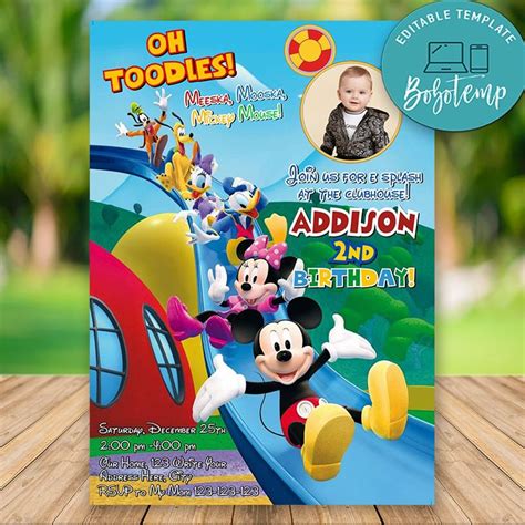 Editable Mickey Mouse Clubhouse Pool Party Invitations With Photo | Bobotemp