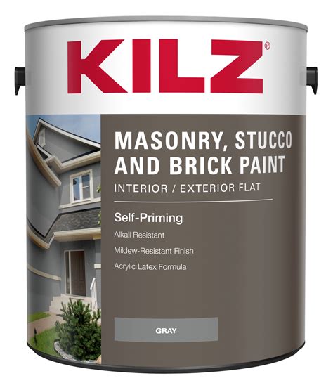 KILZ Self-Priming Masonry, Stucco and Brick Paint, Interior/Exterior, Flat, Gray, 1 Gallon ...