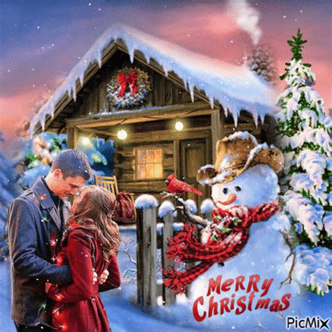 Merry Christmas - Couple, Snowman and Little House - GIF animé gratuit - PicMix