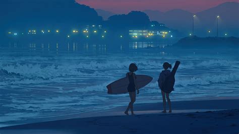 Wallpaper : two women, evening, anime girls, sunset, surfboards, city ...