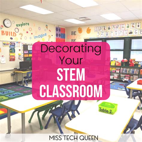 a classroom with tables, chairs and desks that have the words decorating your stem classroom on them