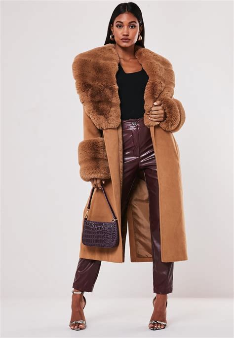 Tan Pelted Faux Fur Collar Cuff Coat | Missguided | Womens faux fur coat, Coat, Coats jackets women