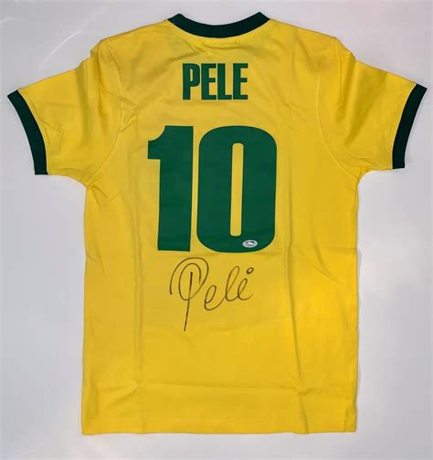 Pele Autographed Brazil Jersey (Black Signature) - The Autograph Source