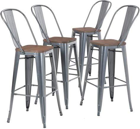 MF Studio 30" Vintage Set of 4 Industrial Styled Bar Stools, Metal Indoor Outdoor Dining Kitchen ...