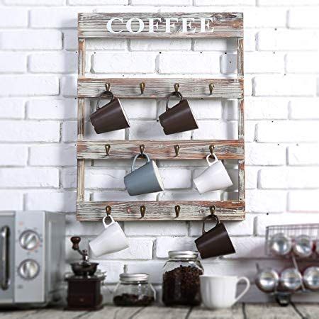 12 Hooks Rustic Wall Mounted Wood Coffee Mug Holder, Kitchen Storage ...