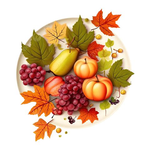 Happy Thanksgiving Day, Plate Dinner Fruits And Autumn Foliage Icons, Autumn Leaves, Autumn PNG ...