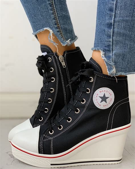 Eyelet Lace-Up Platform Wedge Sneakers