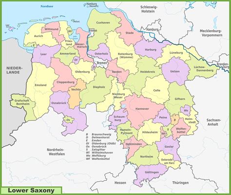 Administrative divisions map of Lower Saxony