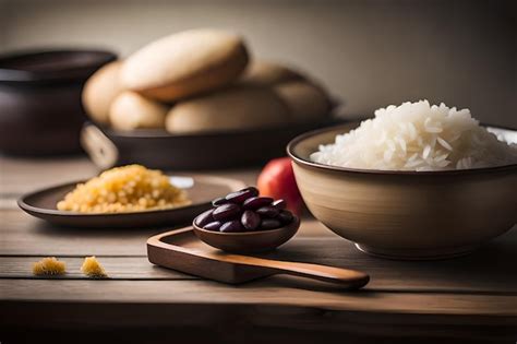 Premium AI Image | a bowl of rice with rice and beans on a wooden table.