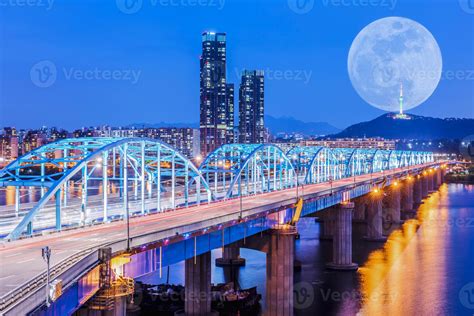 Korea,Seoul at night, South Korea city skyline at Dongjak Bridge Han ...