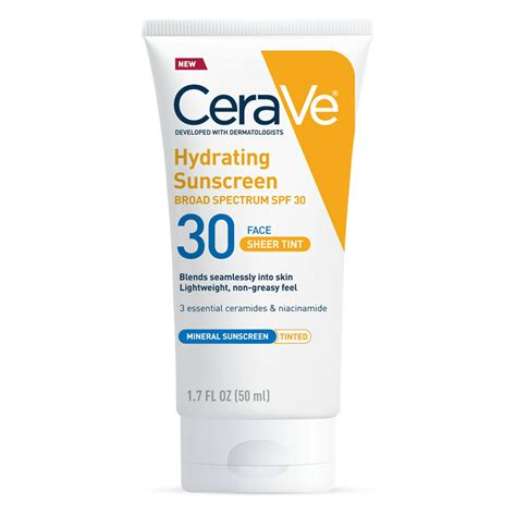 CeraVe Tinted Face Sunscreen SPF 30, Hydrating Mineral Sunscreen with Zinc Oxide, 1.7 Fl. Oz ...