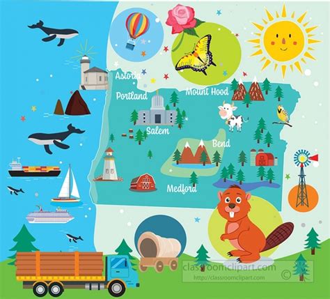 Oregon State Clipart-colorful illustrated oregon state map with icons landmarks clipa