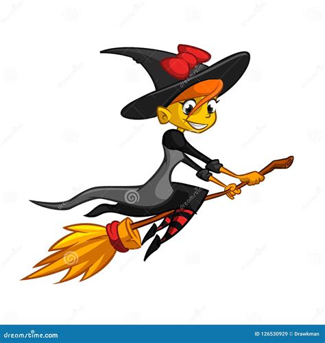 Cartoon Witch Flying on Her Broom. Vector Clip Art Illustration. Stock Vector - Illustration of ...