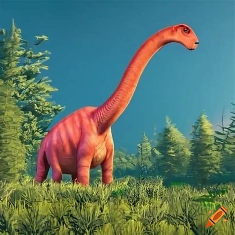Red brachiosaurus in tall sunny vegetation on Craiyon