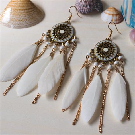 Bohemian Feather Earrings, Boho Style In White – Thaluta