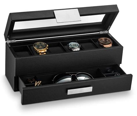 Glenor Co Watch Box with Valet Drawer for Men - 6 Slot Luxury Watch Case Display Organizer ...