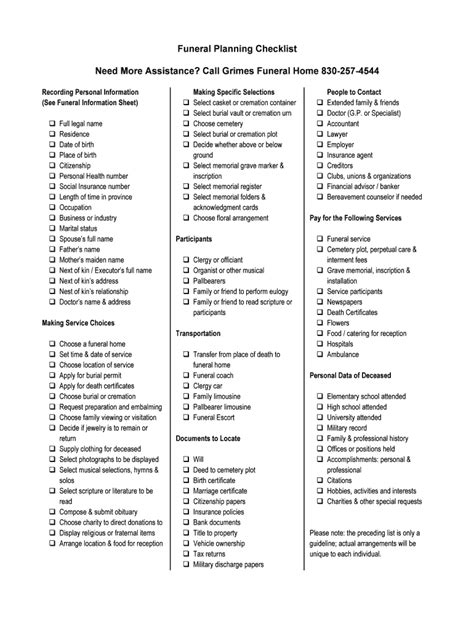 Funeral Checklist Pdf - Fill Online, Printable, Fillable, Blank | pdfFiller