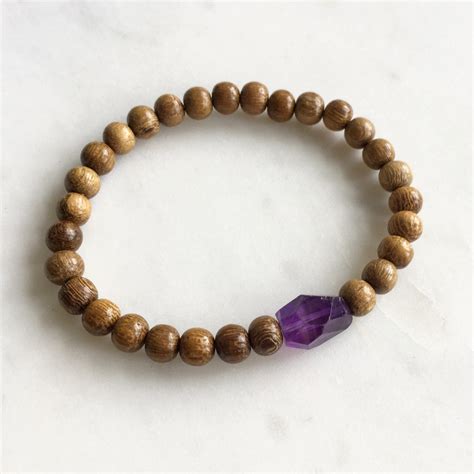 Wood Beaded Bracelet w/ Beautiful Faceted AMETHYST Healing Beads// Stacking Statement Bracelet ...