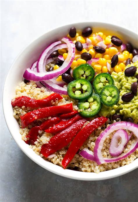 Southwest Quinoa Bowl with Cilantro Dressing has corn, black beans, roasted red pepper, avocado ...