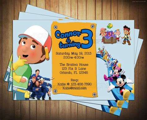 Disney Junior Birthday Party Invitation featuring Handy Manny, Imagination Movers, Jake and the ...