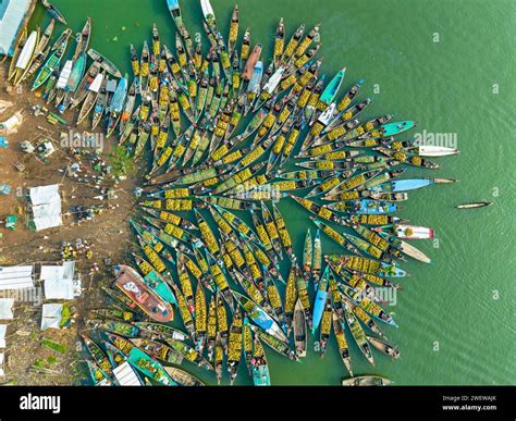 Aerial view of floating market of seasonal fruits on the boats in ...