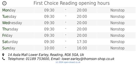 First Choice Reading opening times, 14 Asda Mall Lower Earley