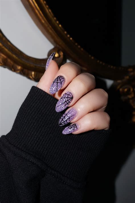 Spiderweb Nails with Purple Glitter - living after midnite