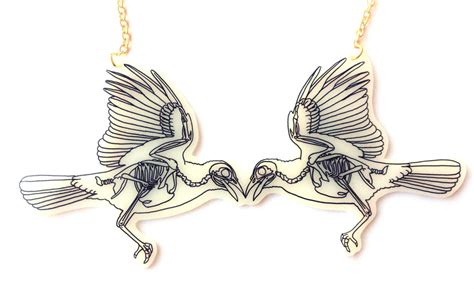 Bird Skeleton Necklace Halloween Two Magpies Crow Wings