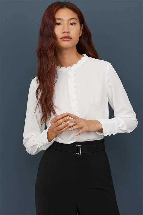 Scalloped-edge Blouse - White - Ladies | H&M US | Kpop fashion outfits, Blouse, Womens blouses ...