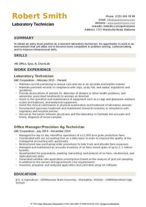Laboratory Technician Resume Samples | QwikResume