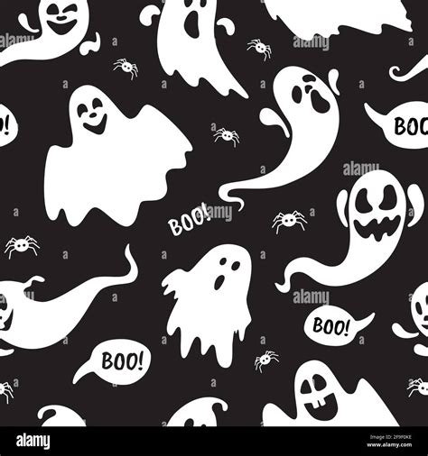 Cute ghost boo holiday character seamless pattern flat style design vector illustration set ...