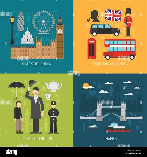 London city symbols landmarks and traditions for travelers 4 flat icons composition banner ...