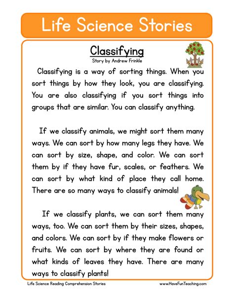 Classifying Life Science Reading Comprehension Worksheet - Have Fun Teaching