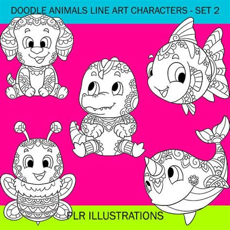 Cute Doodle Animal Line Art Characters Set 2 - Color Me Positive PLR