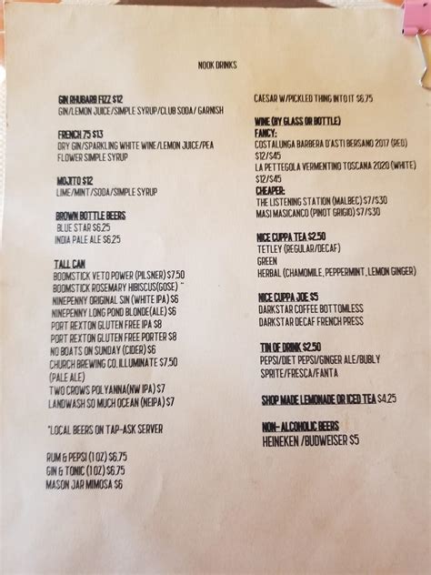 Menu at The Nook and Cannery restaurant, St. John's