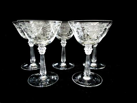 Fostoria Crystal Stemware, Fostoria Romance, Wine Glasses, Sherry Glasses, Set of 5, Etched F ...