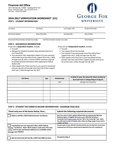 2016-2017 VERIFICATION WORKSHEET (V1) Financial Aid Office