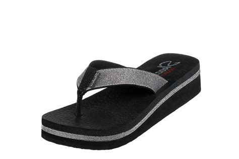 Skechers Vinyasa Unicorn Mist Black Glitter Low Wedge Sandals Flip ...