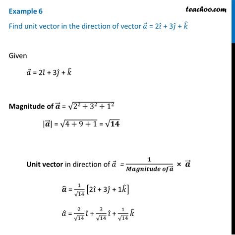 Example 6 - Find unit vector in direction of a = 2i + 3j + k