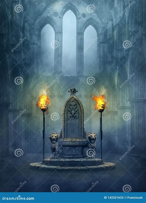 Fantasy Medieval Scene with a Throne and Tourches Stock Illustration ...