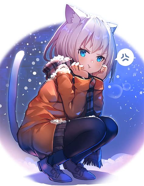 Anime Girl With Short White Hair And Cat Ears