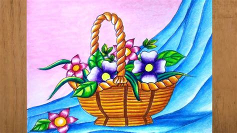 How to draw a flower basket step by step/Flower basket drawing with oil pastels - YouTube