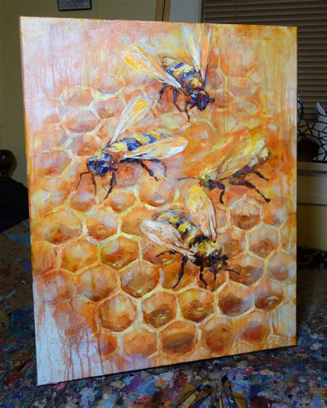 Honey bees on honey comb making honey, Original painting on stretched canvas 24 x 30 x 0.5 ...