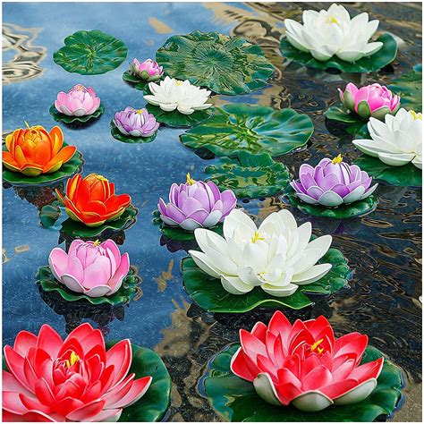 8 Packs Artificial Floating Foam Lotus Flower with Water Lily Pad, Lifelike Ornament Perfect for ...