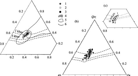 Normative compositions of rocks (a) and glasses of melt inclusions (b ...