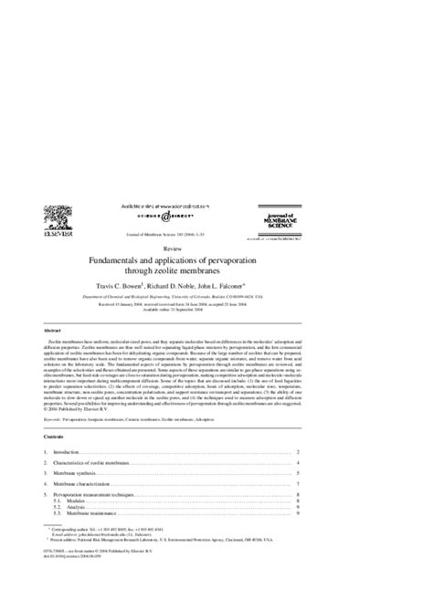 (PDF) Fundamentals and applications of pervaporation through zeolite membranes