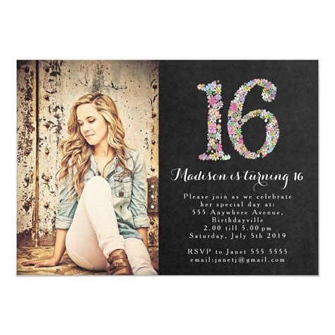 Chalkboard Floral Girls 16th Birthday Party Invite | Zazzle | Sweet 16 invitations, 16th ...