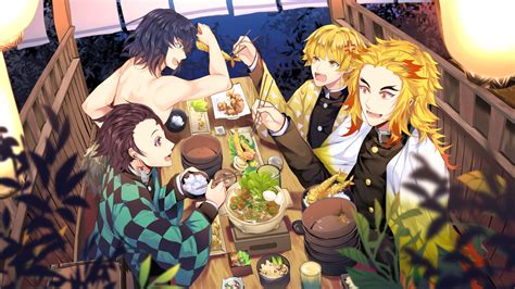 Demon Slayer Inosuke Hashibira Kyojuro Rengoku Tanjirou Kamado Zenitsu Agatsuma Sitting Around ...