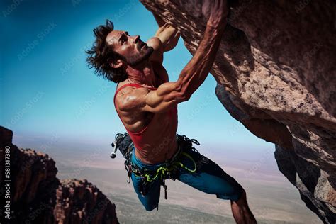 Muscular strong male athlete climbs a steep cliff, rock climbing sport ...