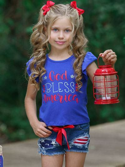 Girls 4th of July Outfits | God Bless America Top And Denim Shorts Set – Mia Belle Girls